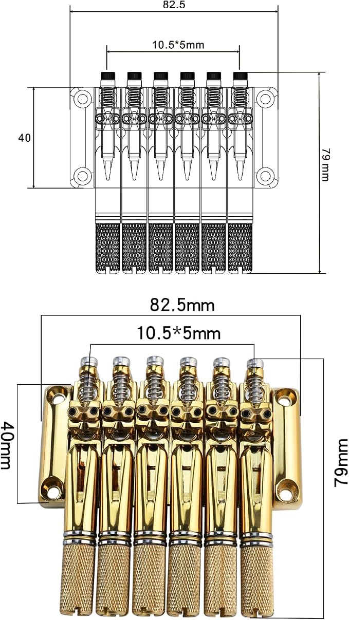 10.5mm Headless Electric Guitar Bridge Gold Headless Bass Guitar Bridge Brass Saddles Zinc Alloy Plate Electric Guitar Bridge 6 String Headless Guitar Bridge Fixed