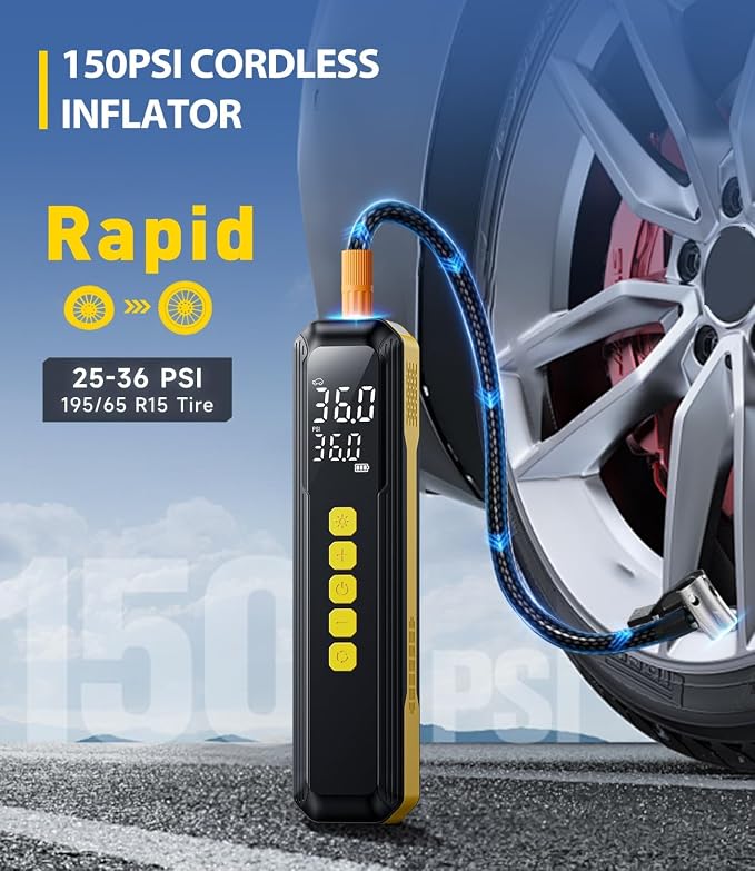 Tire Inflator Portable Air Compressor, 150PSI Air Pump for Car Tires with LED Light, Cordless Tire Pump with Digital Pressure Gauge, Tire Inflator for Car, Bike, Motorcycle, Ball (Yellow-length)