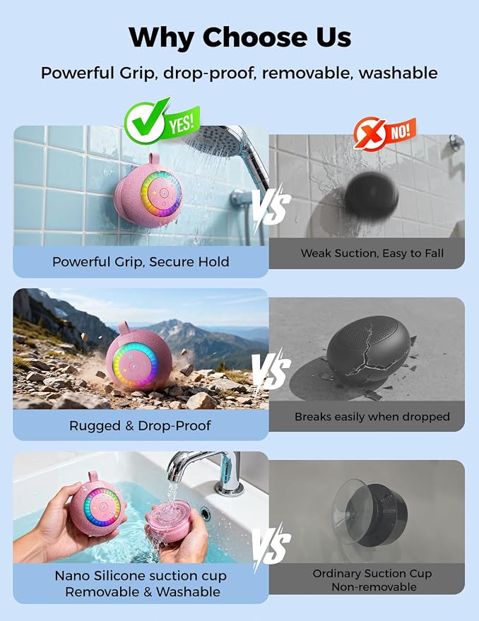 Bluetooth Shower Speaker Waterproof IPX7: Removable Vacuum-Lock Suction Cup, 360° Surround Sound, RGB Light, Portable Wireless Speaker for Beach, Pool, Kayak, Back to School Gifts for Adult Teen-Pink