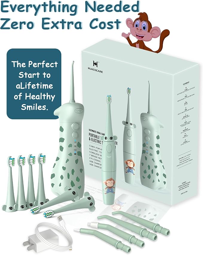 Kids Water Flosser & Electric Toothbrush Combo for Ages 6-12,Children Oral Irrigator with 3 Gentle Modes & 2 Sonic Modes,Braces-Friendly Dental Kit for Boys & Girls (Giraffe & Monkey Design)