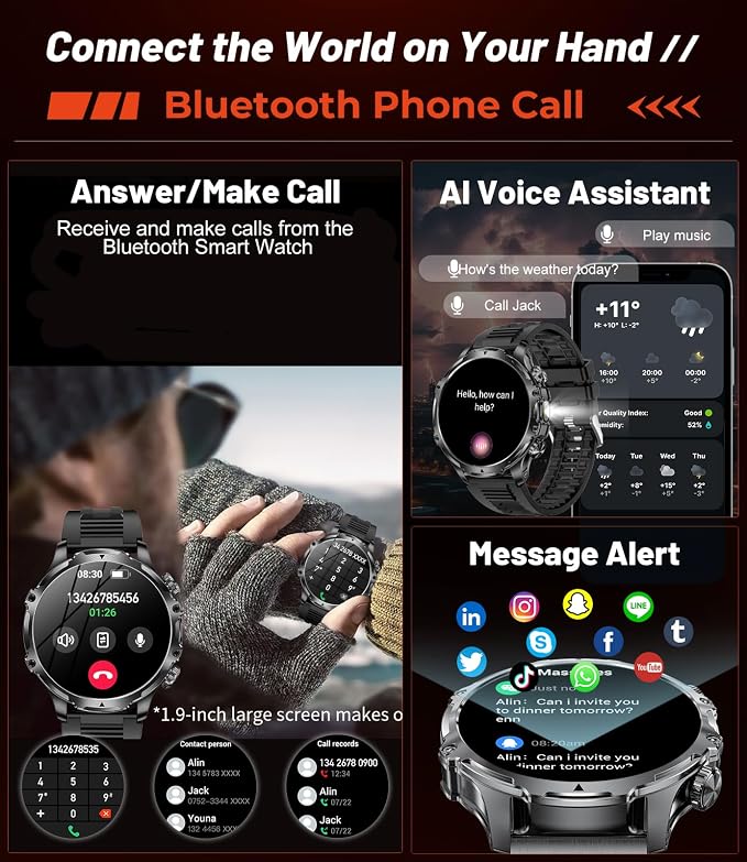SUNKTA Military Smart Watch for Men Answer/Make Call, 1.85'' HD Rugged Smartwatch with 800mAh Battery/Flashlight/Heart Rate/110+ Sports Mode, IP68 Waterproof Fitness Tracker Watch for Android iPhone