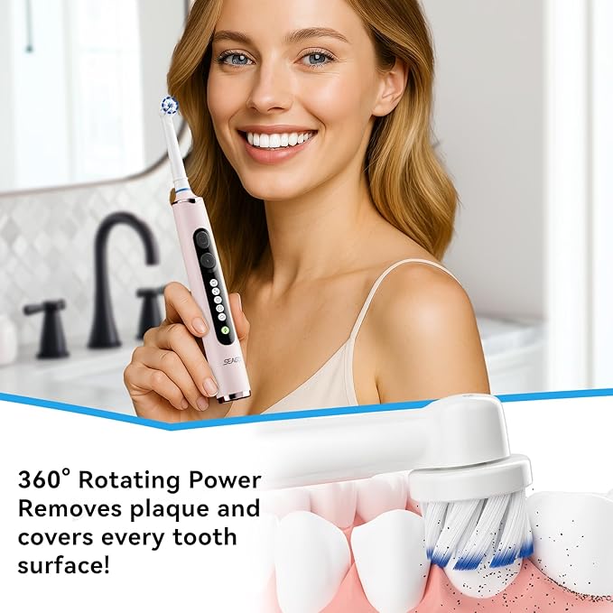 SEAGO Rotating Electric Toothbrush for Adults - 8 Replacement Heads (4 Soft/4 Hard), IPX7 Waterproof, 5 Modes with Memory Function, 2-Minute Timer, USB Type-C Rechargeable (SG-2607-Pink