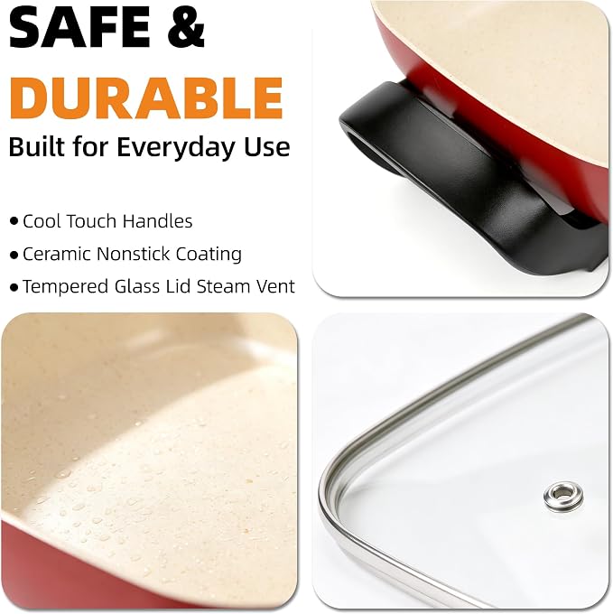 15'' Ceramic Nonstick Electric Skillet with Tempered Vented Glass Lid,Thermostat Control to Prevent Overheating,Removable Easy-to-Clean,Vibrant Red
