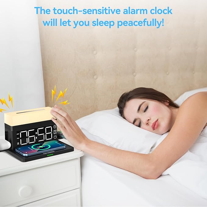 6 in 1 Wireless Charger, 15W Fast Charging Station with Digital Clock, Alarm & Night Light, Multi-Device Charging Dock for Phone/Smartwatch/Earbuds, RGB Ambient Light, N65 White.