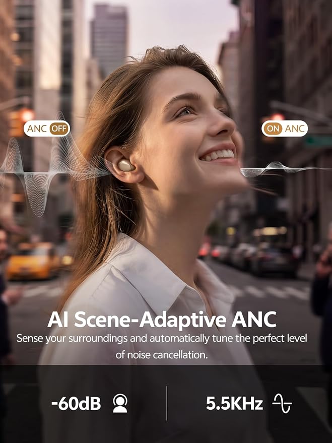 QCY MeloBuds A30 Aadptive Active Noise Cancelling Wireless Earbuds, 8 Mics ENC Clear Call Ear Buds, 60dB ANC Hi-Res Audio Bluetooth 6.0 Headphones, Comfort Lightweight, IPX5 Waterproof Earphone