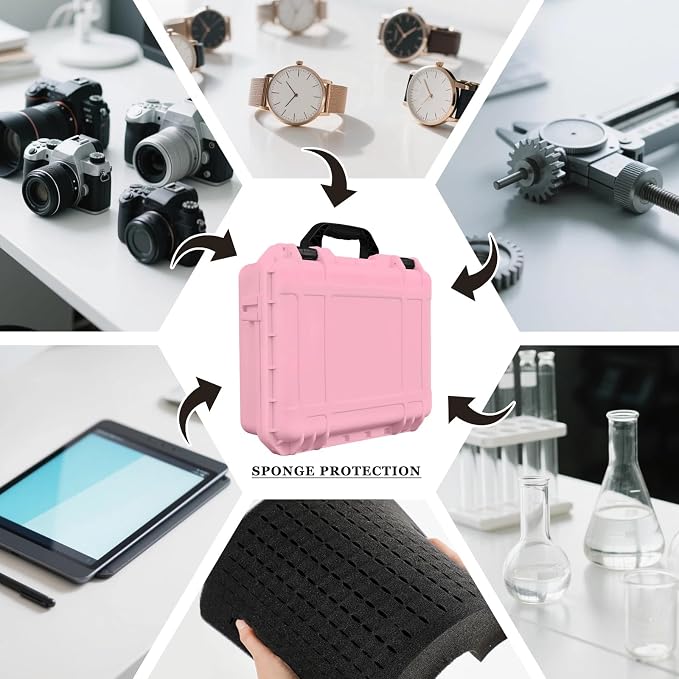 Relaxweex 1 Pcs Waterproof Hard Case with DIY Customizable Foam Insert Portable Protective Case with Knife for Camera Drones Equipments Tools Test Instruments(Pink,11.3 x 8.7 x 4.2 Inch)