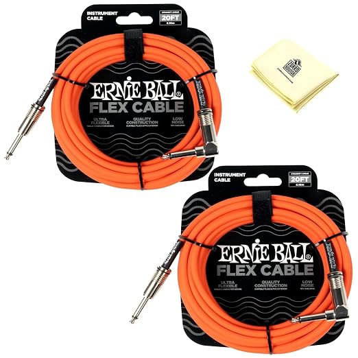 Ernie Ball Flex Instrument Cable Straight/Angle - Pack of 2 with Z Polishing Cloth in Orange - 20 Feet