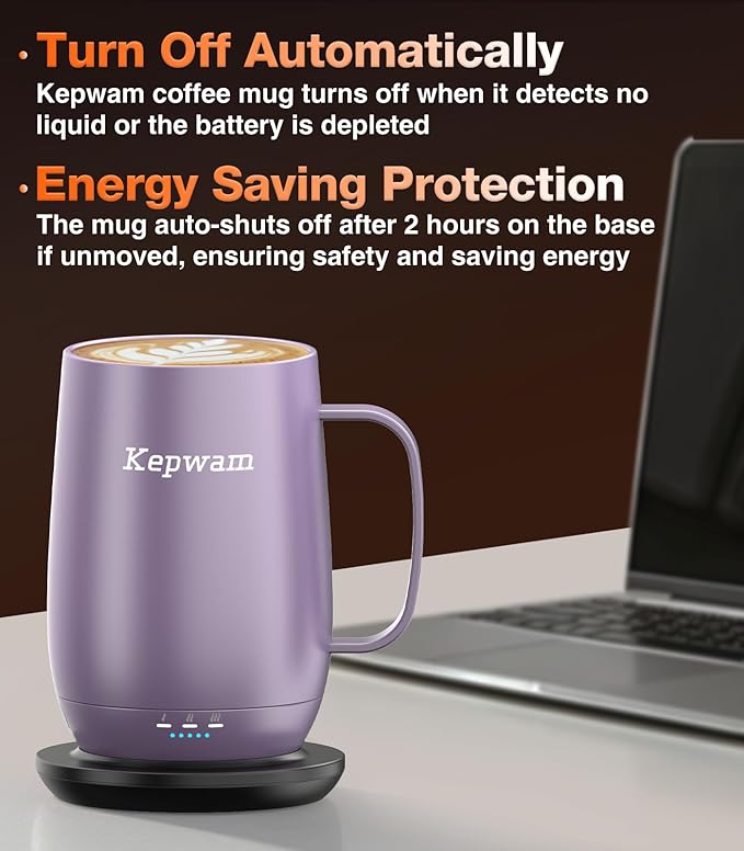 Kepwam Smart Heated Coffee Mug T2-Plus, 20oz Rechargeable Self Heating Coffee Mug with 8-Hour Battery & Temp Control, Perfect Coffee Warmer Gift for Men Women