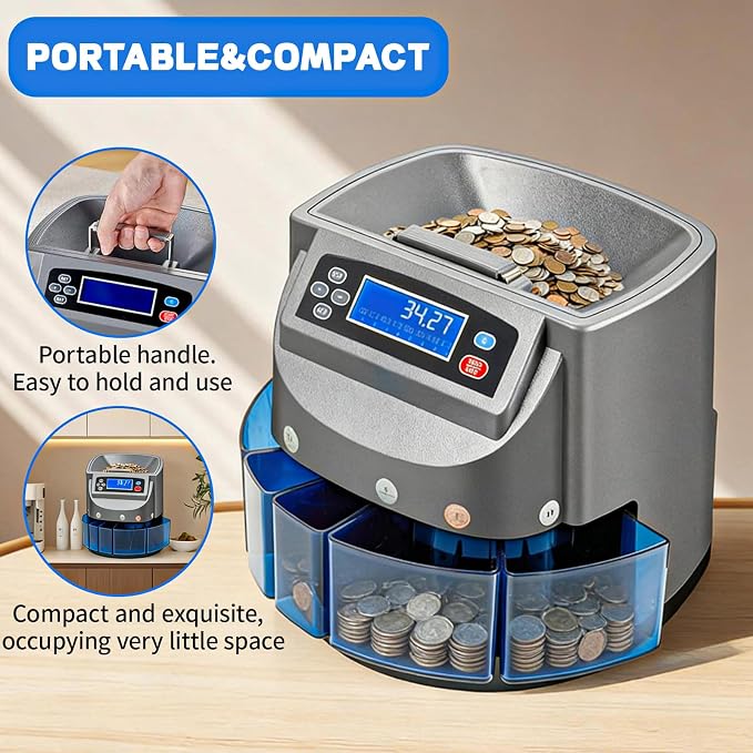 Coin Counter Machine, Coin Sorter Machine with LCD Display, 500 Coins Capacity Automatic Coin Sorter and Wrapper Machine, Change Counter for USD Coin 1￠ 5￠ 10￠ 25￠ $1, Sorts up to 270 Coins/min