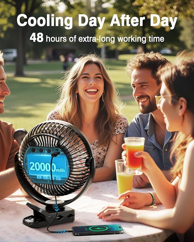 FRIZCOL 20000mAh 8 Inch Portable Clip On Fan,Battery Operated Golf Cart Fan with Lights, USB Fans Small Desk Fans Personal Quiet Fans for Office Stroller Bedroom and Camping
