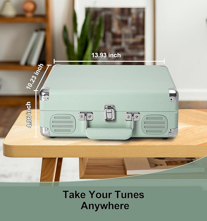 Record Player 3 Speed Bluetooth Portable Suitcase, Vinyl Phonograph with Built-in Bass & Speakers, Belt-Driven LP Player Support AUX-in RCA Line Out Headphone Jack, Green