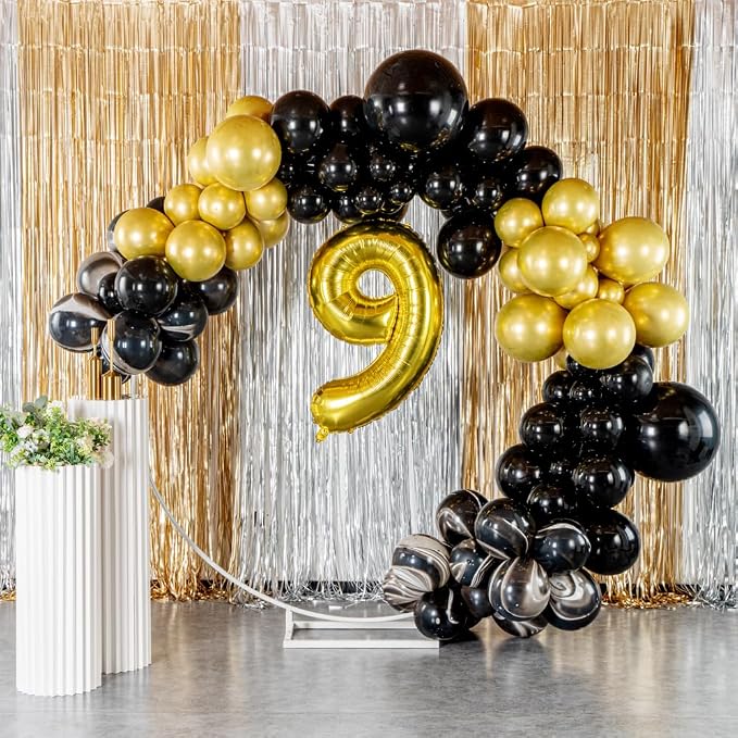 Restaurantware-Balloonify Balloon Garland Set, 1 Party Decoration Kit - 132 Balloons, With Chain, Black & Gold Latex Balloon Arch Kit, Includes Glue Dots