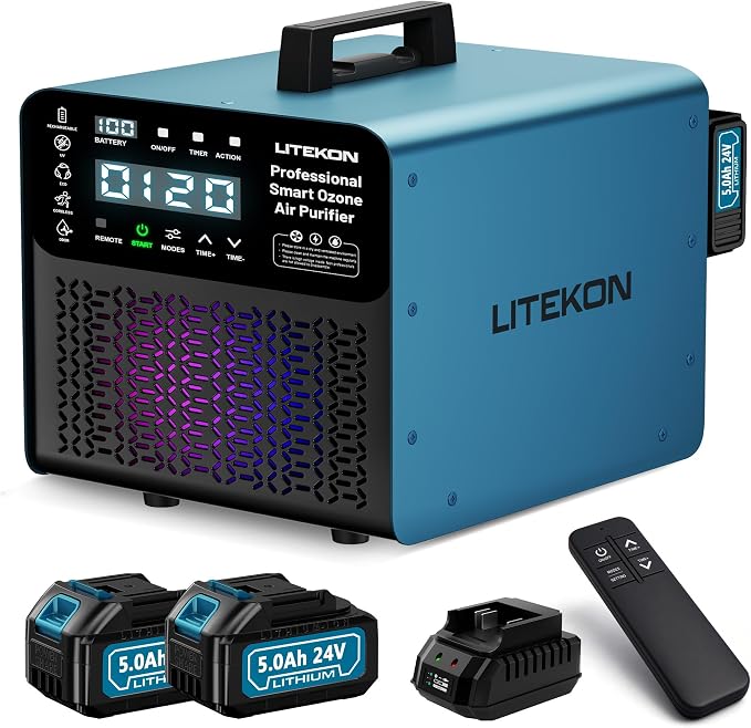 Original Ozone Generator Cordless with 2 x 5000mAh Battery&Quick Charger, 300,000mg/h Commercial Odor Remover Digital Ozonator Machine With Remote Control, Auto Timming for Large Space