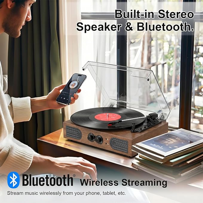 Vinyl Record Player with Built-in Stereo Speakers, 3-Speed Belt-Drive Turntable, Treble & Bass Control, RCA-Out/AUX-in, 3.5mm Headphone Jack—Vintage LP Player for Home & Gifts, Walnut