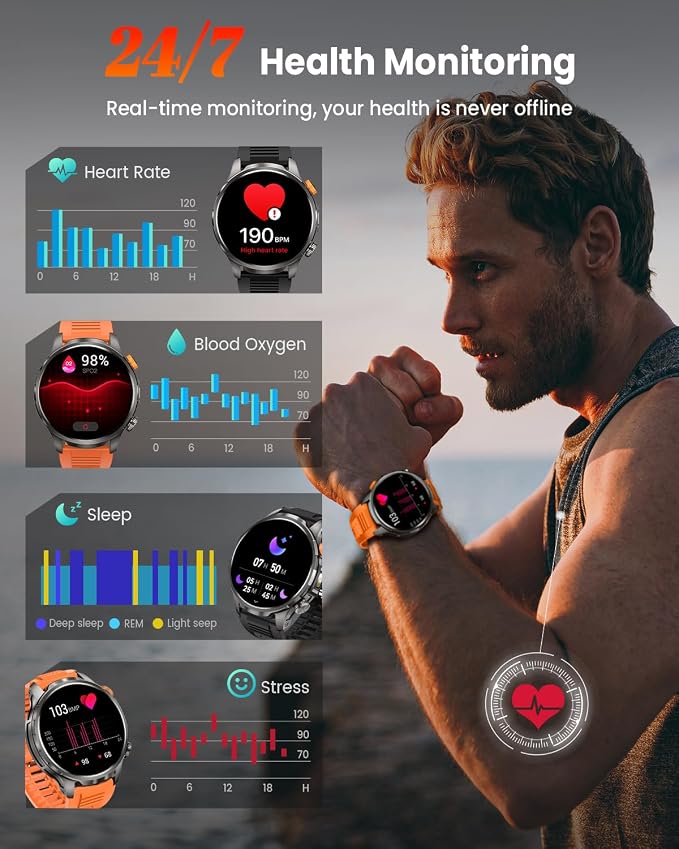 Military Smart Watches for Men, 1.91" Men's Smart Watch with 1000mAh/5 ATM Waterproof/LED Flashlight/110+ Sport Modes/Heart Rate/SpO2/Sleep Monitor, Fitness Tracker Watch for Android & iPhone (Black)