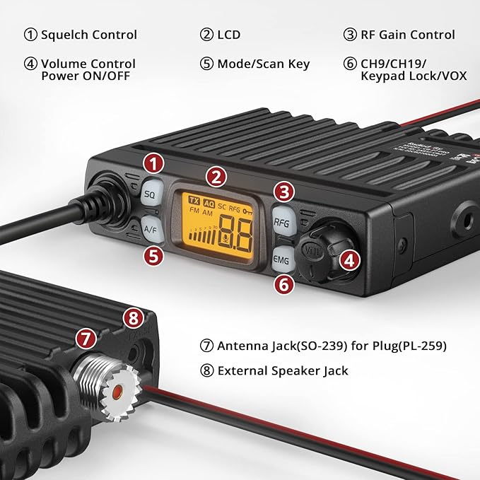 Radioddity CB-27 Pro CB Radio 40-Channel Mini Mobile with AM FM Instant Emergency Channel 9/19, 4W Power Output, LCD Display, VOX, RF Gain, and Handheld Mic