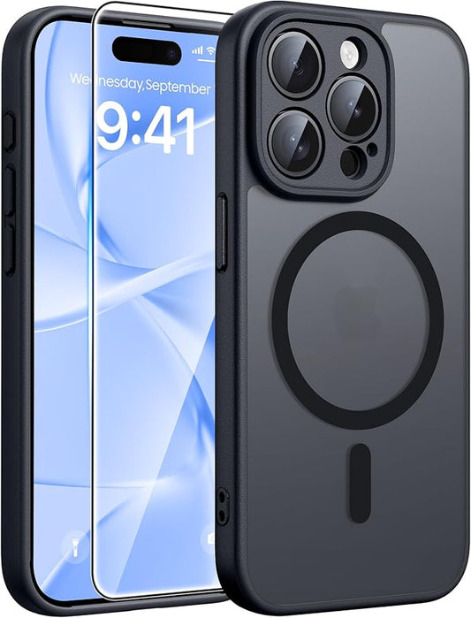 FNTCASE for iPhone 15 Pro Max Case: [Compatible with Magsafe] Translucent Matte Cases with [Full Camera Protection] [Screen Protector] Military Grade Shockproof Protective Phone Cover - Black