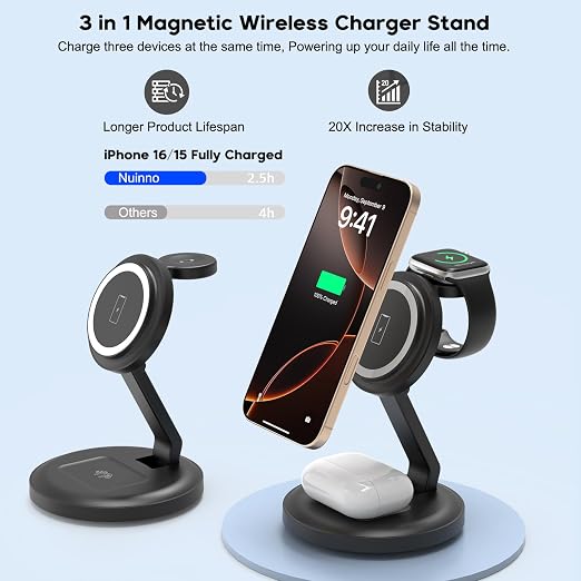 3 in 1 Foldable Wireless Charger iPhone Charging Station, 2Pack Magnetic Stand Wireless Charger Dock for Apple Multple Devices, with PD Adapter and USB C Cable for iPhone, iWatch & Airpods All Series