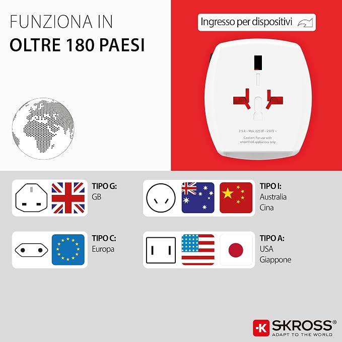 SKROSS Universal Travel Plug with USB and USB C, 1.302962, White