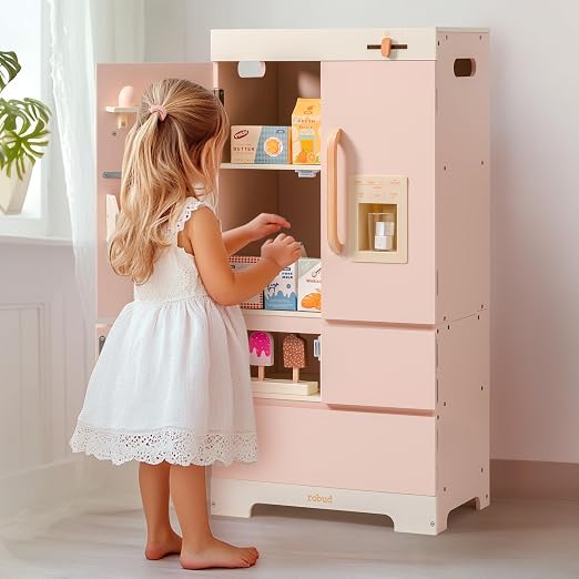 ROBUD Wooden Play Fridge, Kitchen Toy Fridge Freezer Set with Ice Maker, Play Kitchen Refrigerator, Kitchen Playset Gift for Kids & Toddlers, Age 3+ (Pink)