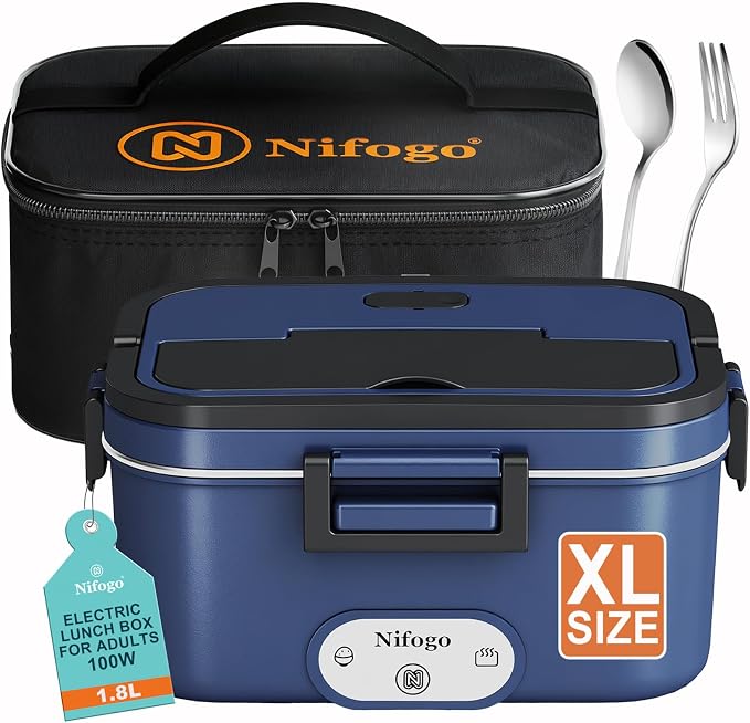 Nifogo Electric Lunch Box for Adults 100W 1.8L, Faster Heated Lunch Box for Men, Portable Electric Lunch Boxes Food Heater 12V/24V/110V for Car/Truck/Work with Bag(Blue)