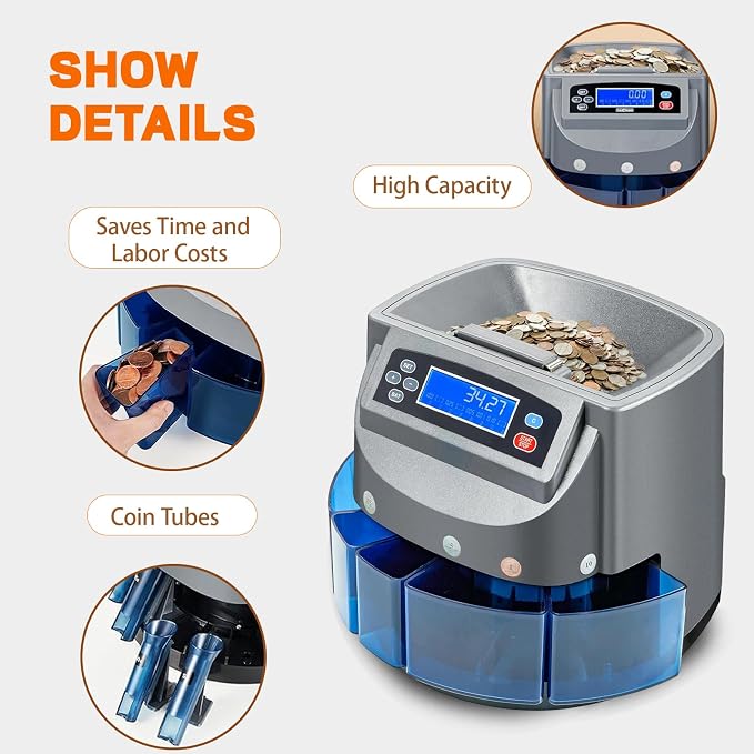 Coin Counter Machine,Coin Sorter Machine with LCD Display,Electric Coin Sorter Sort 270 Coins/Minute,500 Coins Capacity Automatic Change Counter,Applicable for Coins 1¢, 5¢, 10¢, 25¢, 1 Dollar