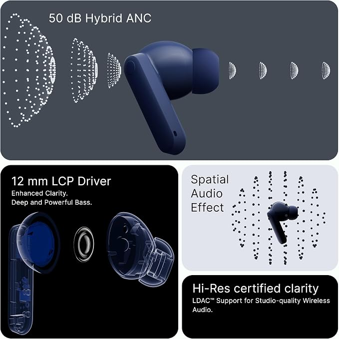 CMF Buds 2 Plus Wireless Earbuds Adaptive Noise Cancelling, Hi-Res Audio Bluetooth Headphones, 12mm Drivers for Deep Bass, 50dB ANC 61.5H Playtime, Sport Ear Buds with 6 Mics, Blue