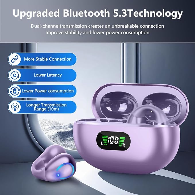 Open Ear Bone Conduction Headphones, Bluetooth Lightweight Clip On Earbuds Comfort with Digital Display Charging Case Sport Earphones Built-in Mic IPX7 Waterproof for Running Fitness Exercise, Purple