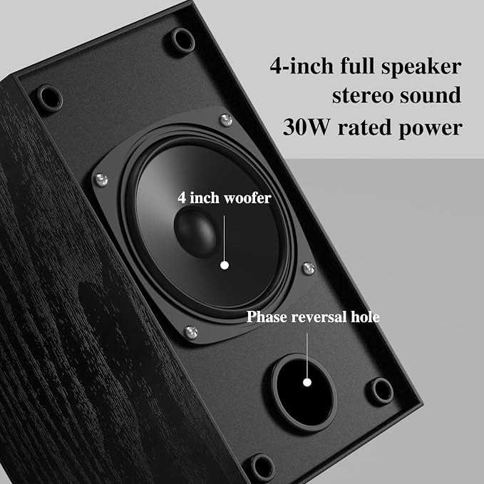 Elimavi 30W X 2 Powered Bookshelf Speakers - 3.5-RCA Input for Turntable, TV, PC, Record Player Speakers with 4 Inch Woofer & Wall Mounted