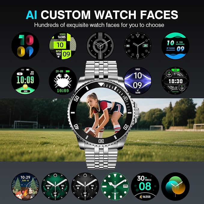 SOUYIE GPT AI Luxury Smart Watch, 24/7 Heart Rate, Blood Oxygen, Blood Pressure, Sleep Monitor, Waterproof Smartwatch, 1.19-inch AMOLED 44mm, 107 Sports Modes, Compatible Android and iOS Silver Black
