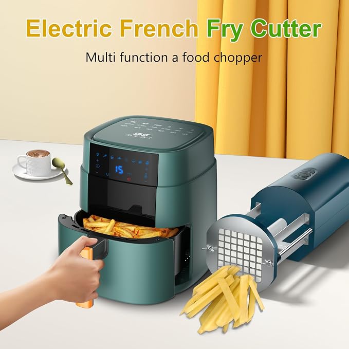 Electric French Fry Cutter, Automatic Professional Potato Stainless Steel Cutter with 1/2 & 3/8 Inch Blade for Potatoes, Carrots, Vegetable (GREEN)