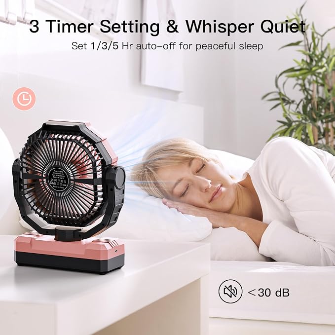 FRIZCOL 3-in-1 Camping Fan - Portable Fans Rechargeable - 24000mAh Battery Powered Fan with Light for Indoor, Outdoor, Tent, Travel, Fishing, Jobsite, Gifts for Men Dad Him - Pink