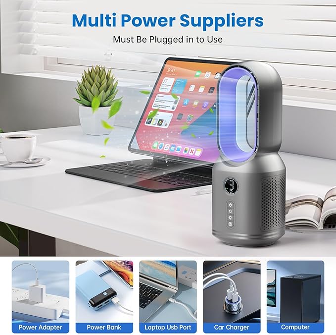 Desk Fan,13 Inch Portable Bladeless Fan, Small Quiet Office Fan with 106° Oscillating, 3 Speeds & Night light, LED Display, Button Control, Personal Table Fan for Bedroom, Office, Home, Study Room