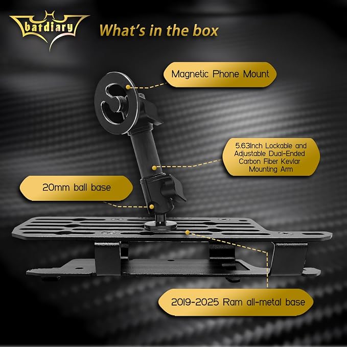 Ram 1500 Magnetic Phone Mount Compatible with 2019-2026 2021 2022 2023 2024 2025 Dodge Ram 1500 2500 3500 TRX Accessories Carbon Fiber Metal Cell Phone Holder Dash Mount No-Drill installation