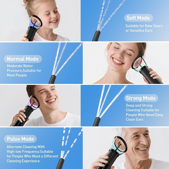 Ear Wax Removal-Electric Ear Cleaner, Retractable Ear Cleaning Kit, Safe Ear Wax Removal Tool, Effective Ear Irrigation Flushing System, Waterproof Ear Washer for Humans with 4 Pressure Modes