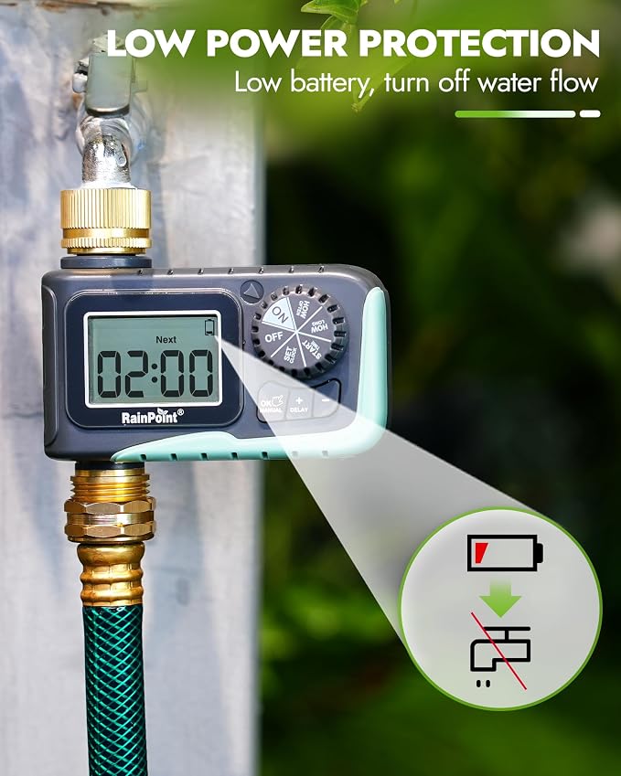 RAINPOINT Sprinkler Hose Timer with 4 Way Heavy Duty Metal Hose Splitter Programmable Watering Timer and 3/4 Inch GHT Spigot Splitter with Individual Shut Off Valves for Faucet and Drip Irrigation