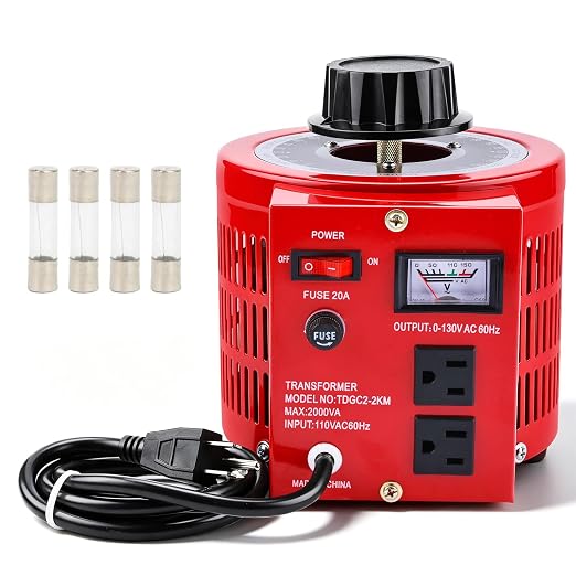 YaeCCC 2000VA Variable Transformer Voltage Regulator Transformer Converter Auto Variable,20Amp Variable Transformer,110V Input 0-130V Output AC Voltage Regulator,4 Extra Fuses