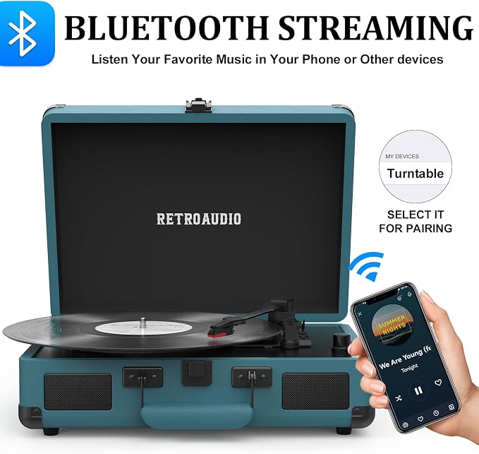Vinyl Record Player 3 Speed Bluetooth Portable Suitcase Belt-Driven Record Player with 2 Built-in Stereo Speakers Vinyl Vintage Turntable Records Player with RCA Line Out, AUX Out (Smoke Blue)