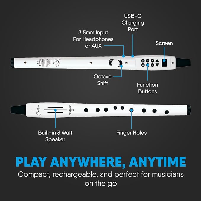 Carry-on Digital Wind Instrument 2 - Lightweight and Rechargeable - 10 Instrument Voices - Built-In Speaker and MIDI over Bluetooth for Performances and Practice Anywhere - White