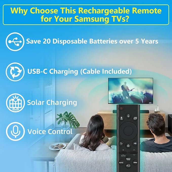 Rechargeable TV Remote for Samsung Smart TVs, Replacement for All 2019-2026 Samsung TV Remote Control with Voice Control. USB-C Fast Charging. Solar Charging. 2-Year Warranty.