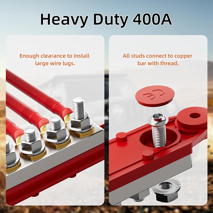 RVBOATPAT 400A Bus Bar 12V Power Distribution Block 6 x 5/16" (M8) Terminal Studs 12 Volt Marine Bus Bar Positive & Negative for Boat Automotive Solar System