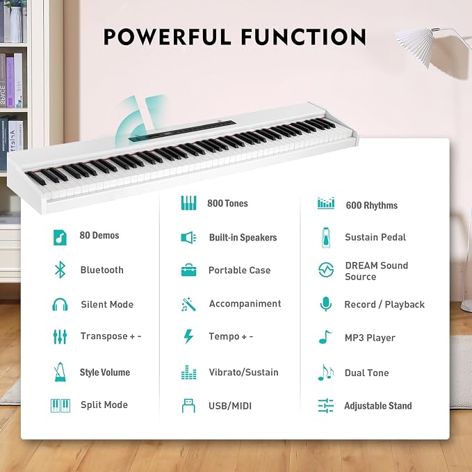 MUSTAR Digital Piano 88 Key Weighted with Stand, 88 Key Semi Weighted Keyboard Piano MEP-1000, Portable Electric Piano Keyboard 88 Keys with Bluetooth Connection, Case, Sustain Pedal, MDF, White