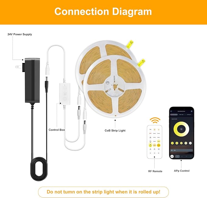COB LED Strip Lights, CCT Tunable White LED Tape Light 49.2ft/15m, 2700K-6500K, CRI90+, 24V Dimmable LED Strips Kit with Bluetooth APP Control, for Bedroom, Kitchen, DIY Lighting.
