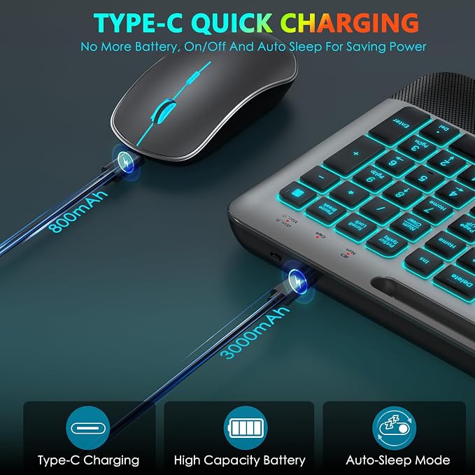 JOYACCESS Silent RGB Backlit Wireless Keyboard Mouse Set, Rechargeable 3000mAh Keyboard, Ergonomic Wrist Rest, 2.4G USB‑A/C, for PC Mac Laptop Office - Space Gray