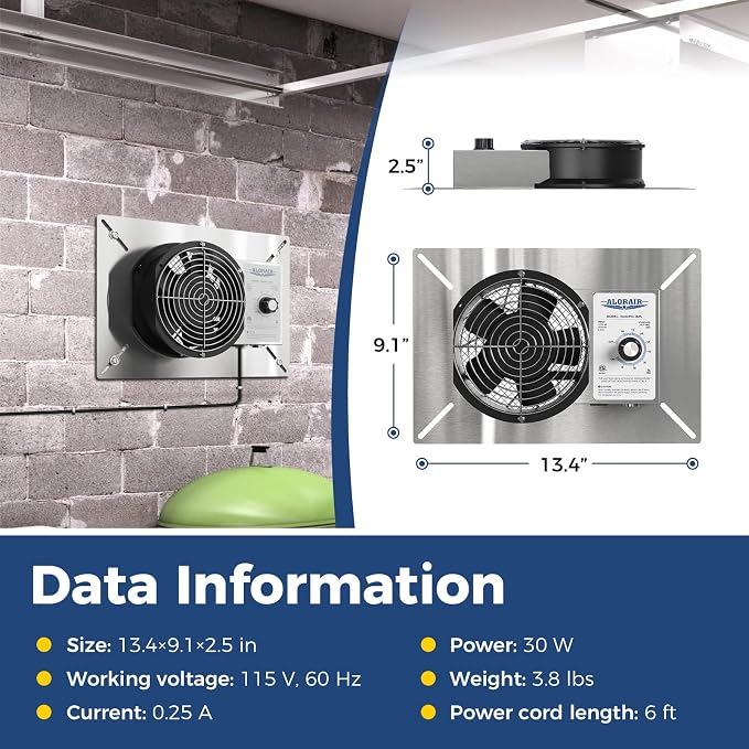 ALORAIR 260 CFM Stainless Steel Crawl Space Ventilation Fan with Humidistat Dehumidistat, IP55 Rated Crawlspace Vent Fan for Foundation Basements Garage Attic