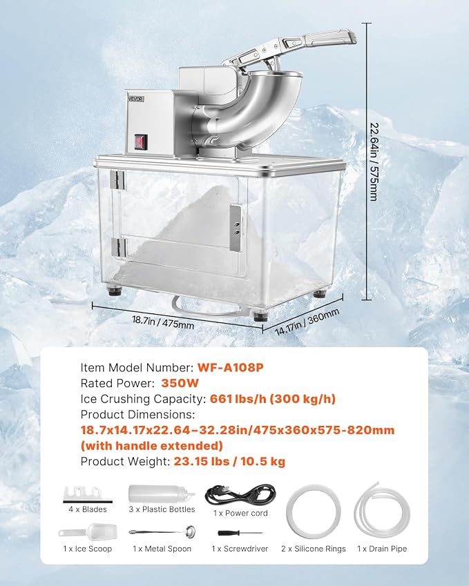 VEVOR Commercial Ice Crusher 661LBS/H, 350W Electric Snow Cone Machine with 4 Blades, 2000RPM Stainless Steel Shaved Ice Machine with 11 Gal Crushed-Ice Box, for Family Restaurants Bars, Silver