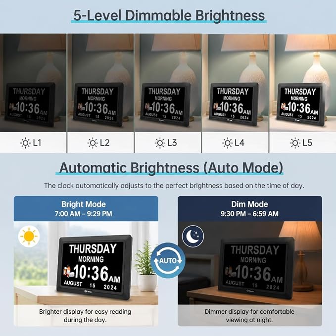 Soobest Dementia Digital Clock for Seniors Elderly, 20 Alarm Reminders 3 Ringtones for Memory Loss Alzheimers, Electric Time Date Day Large Display Calendar Clock, Auto DST, 1024 * 600P HD