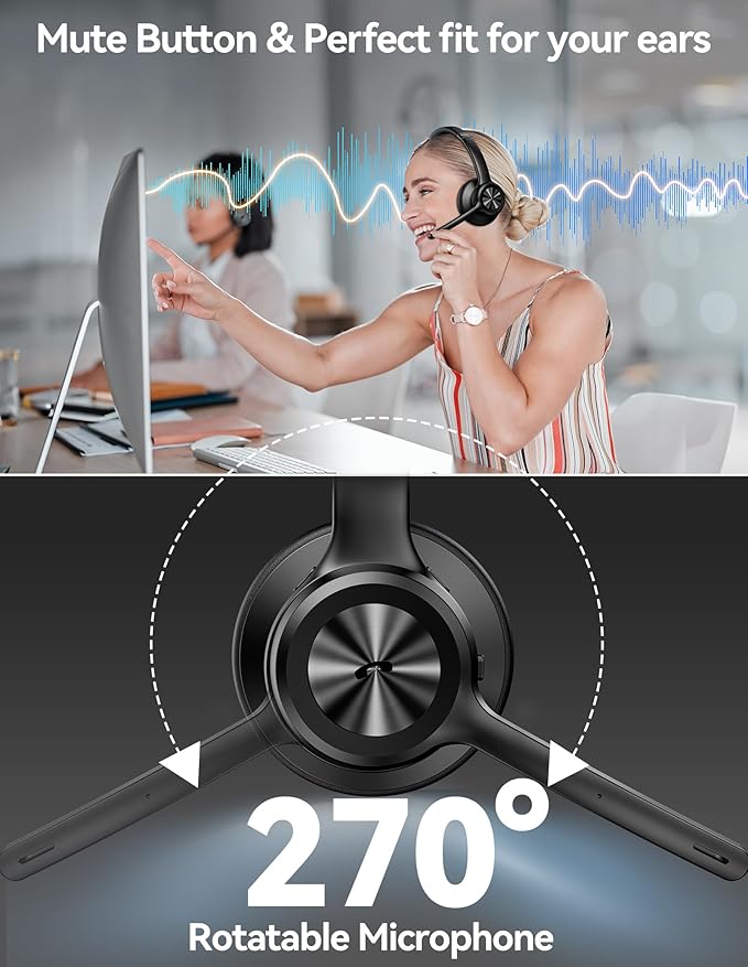 TECKNET Wireless Headset, Bluetooth Headset with Noise Cancelling Microphone - Rechargeable Bluetooth V5.2 Headphones, 50H Playtime & Mic Mute, On Ear Headphones for Trucker/Remote Work/Call Center
