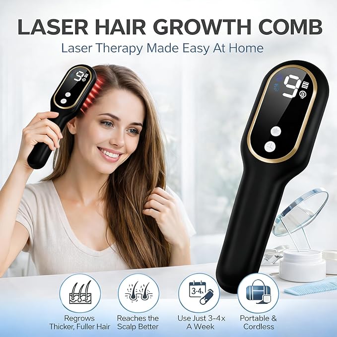 Obiredk ㅤLaser Hair Growth Comb, 650nm Red Light Therapy for Hair Regrowth, FDA Cleared LLLT Scalp Massager for Thinning Hair & Receding Hairline Rechargeable - Black