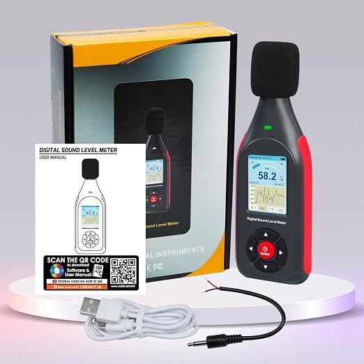 Decibel Meter Data Logger Digital Sound Decibel Meter, Sound Level Meter with 43,000 Data Record & Export, Rechargeable Noise Meter with A/C Frequency&DC Output, 3-Color Alarm, Real Time Measurement